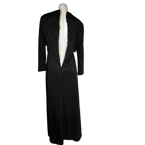 VINTAGE Long Sleeve Black Fringe Evening Gown Cocktail Dress Size 4-6 Medium - Picture 13 of 16